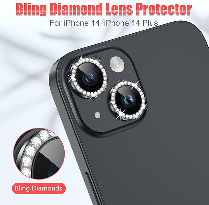 AGVEE 3+3 for iPhone 14 6.1" / 14 Plus 6.7" Camera Lens Protector, Bling Diamond & Bling Glitter Metal Ring 9H Tempered HD Glass Camera Protector Cover Film, Bling-Black