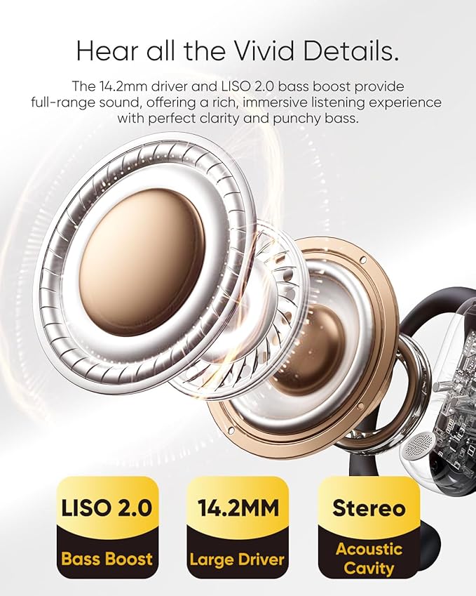 Open Ear Headphones, 0.28oz Lightweight Next-Gen Bluetooth 5.4 Air Conduction Wireless Earbuds w/Extra Bass, 48H Playtime, 3 EQ Modes, ENC Mic, IPX5, Snug Fit for Workout Running Beige