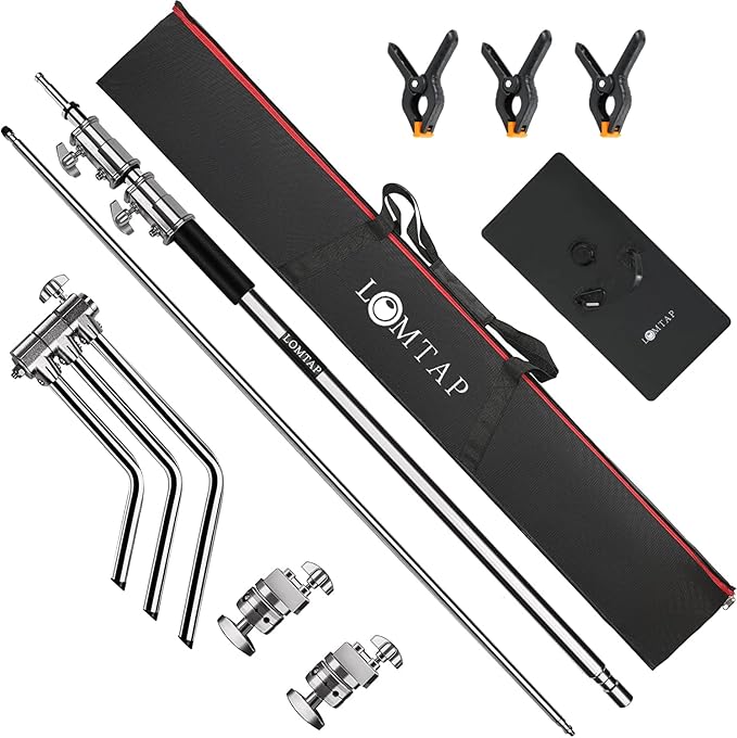LOMTAP C Stand Light Stand Stainless Metal Photography Kit - Heavy Duty 10.8ft/330cm Vertical Pole, 4.2ft/128cm Boom Arm, Adjustable Base, Water Sandbag, 2 Grip Heads, 3 Clips for Softbox, Reflector