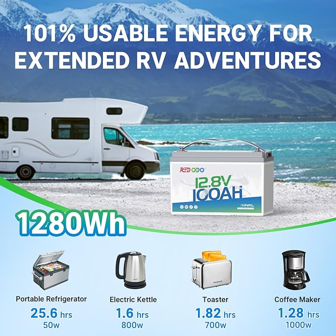 Redodo 4 Pack 12V 100Ah Lithium LiFePO4 Battery, Group 31 Battery Built in 100A BMS, Up to 15000 Cycles, 10 Years Lifetime, Perfect for RV, Off Grid, Solar, Marine, Trolling Motor