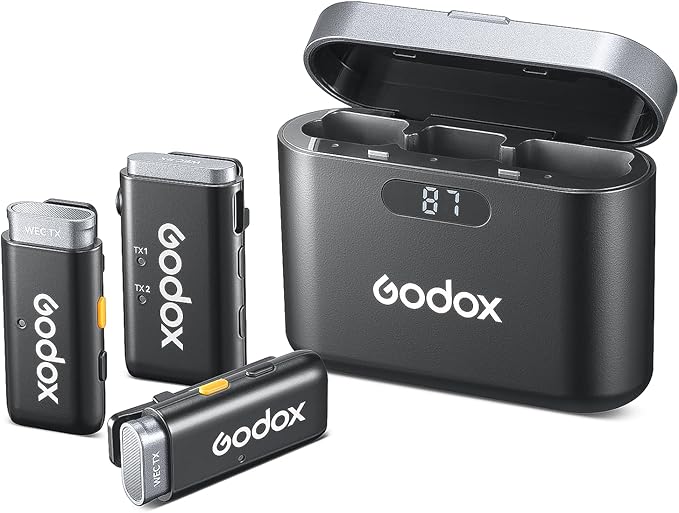 GODOX Wireless Lavalier Microphone for iPhone/Android Phone with Noise Cancellation(2 TX + 1 RX + Charging Case),Mini Mic for DSLR Cameras/PC/Live Streaming,200m/656ft,with Battery Level Display