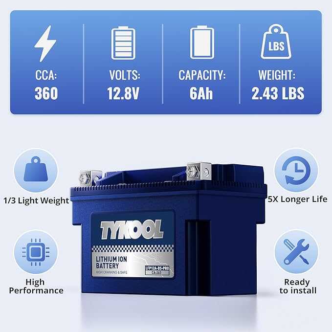 TYKOOL YT12A-BS 360CCA,3X Cranking Amps,5X Life,High Performance LiFePO4 Lithium Motorcycle Battery,Fits for 1000cc Aprillia and Suzuki,Husqvarna 701 Vitpilen,KTM Adventure and Duke,People GT Scooter