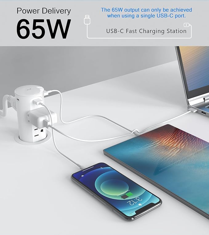 Pop up Outlet for Countertop,65W USB C Fast Charging Port,2.5-inch Hole Desktop Power Grommet,Recessed Power Strip,4 Outlets 4 USB Ports,15Amp Tamper Resistant Receptacle,ETL Listed (White)
