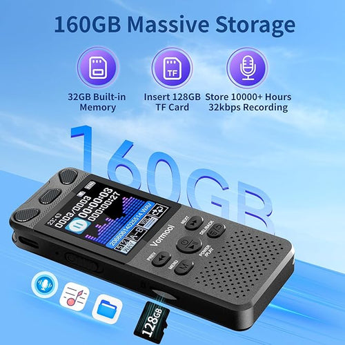 160GB Digital Voice Activated Recorder 110h Battery Time, 2.15" Color Screen Audio Recorder Dictaphone with External Mic, Vormooi USB-C Tape Recorder with Playback for Class Lecture Meeting