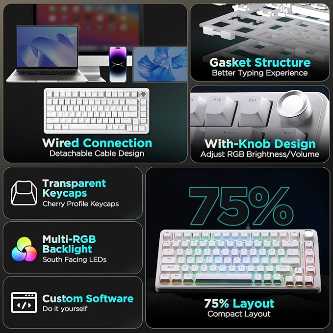 YUNZII B75 Mechanical Keyboard,75% Layout with Knob,Hot Swappable RGB Backlit Gasket Mounted, Creamy Typing, Double-Shot PBT Keycaps,Cherry Profile,for Win/Mac (White, Milk V2 Linear Switch)