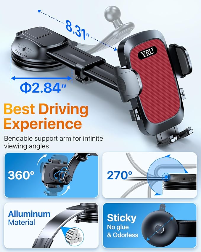 YRU [2025 Ultimate Car Phone Holder [Bendable & Adjustable Aluminum Arm] Cell Phone Automobile Cradles Dashboard Windshield Pickup Truck Phone Mount for iPhone 16 15 14 13 Pro Max Samsung,Tomato Red