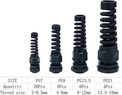 38 Pcs PG7~21 Kit Cable Gland 3-18mm Nylon Strain Relief Spring IP68 PA66
