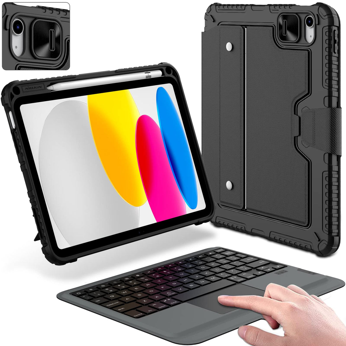 Nillkin Protective iPad A16 11th 10th Gen Case with Keyboard, Portrait/Landscape Modes, Detachable Keyboard with Multi-Touch Trackpad, Camera Cover & Pencil Holder for iPad 11th 2025/10th 2022 10.9"