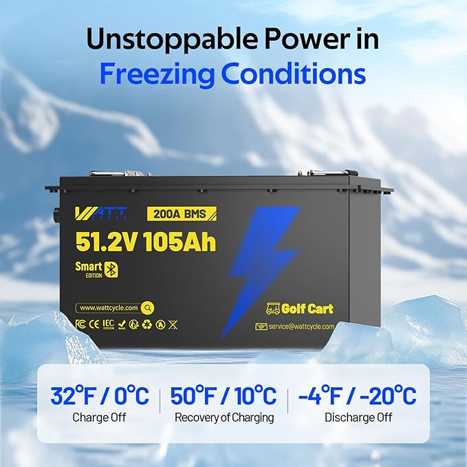 WattCycle 48V 105Ah Golf Cart Batteries, 48V Lithium Battery 250A BMS with 15A Charger, IP65 Waterproof Marine Batteries, LiFePO4 Battery 15000+ Deep Cycles, Built-in Bluetooth, Perfect for RV, Solar