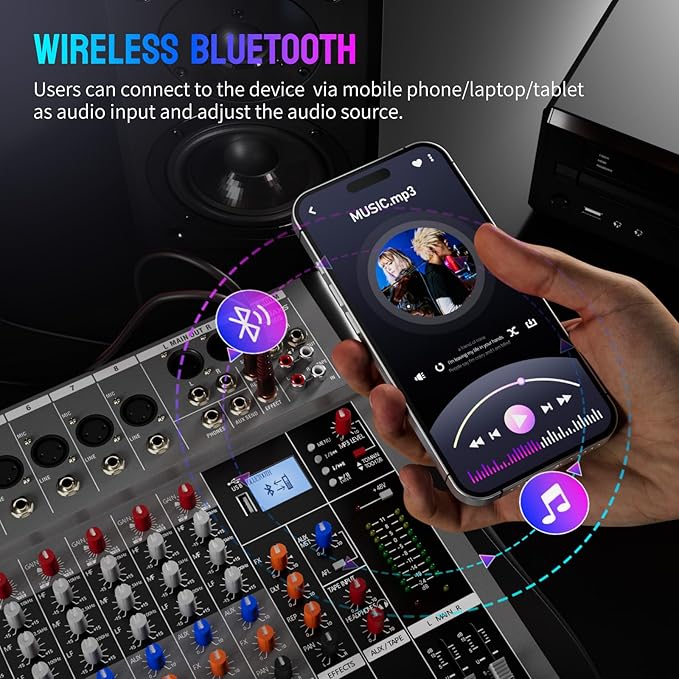 Professional DJ Audio Mixer - 8 Channel DJ Bluetooth Controller Sound Mixer w/DSP 16 Preset Effects, USB Interface, 8 XLR Mic/Line Input, AUX, FX Processor MP3 Player, Headphone Jack