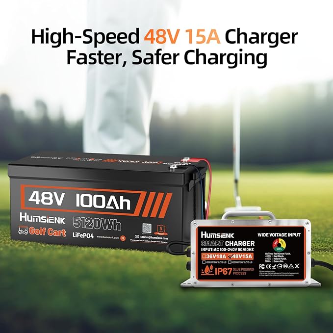 4PCS 48 Volt Lithium Battery for Golf Cart with 48V 15A Charger, 100A Lifepo4 Batterys Built-in Bluetooth 5.0 & 200A BMS, 15000+ Deep Cycle Lithium Battery, 42-58 Mile Ranges for Golf Cart