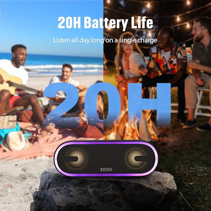 DOSS SoundBox Pro+ P300 Bluetooth Speaker with 40W Stereo Sound, Extra Bass, IPX6 Waterproof, TWS Pairing, Diverse Lights Show, 20H Playtime, Portable for Party, Camping, Beach - Purple