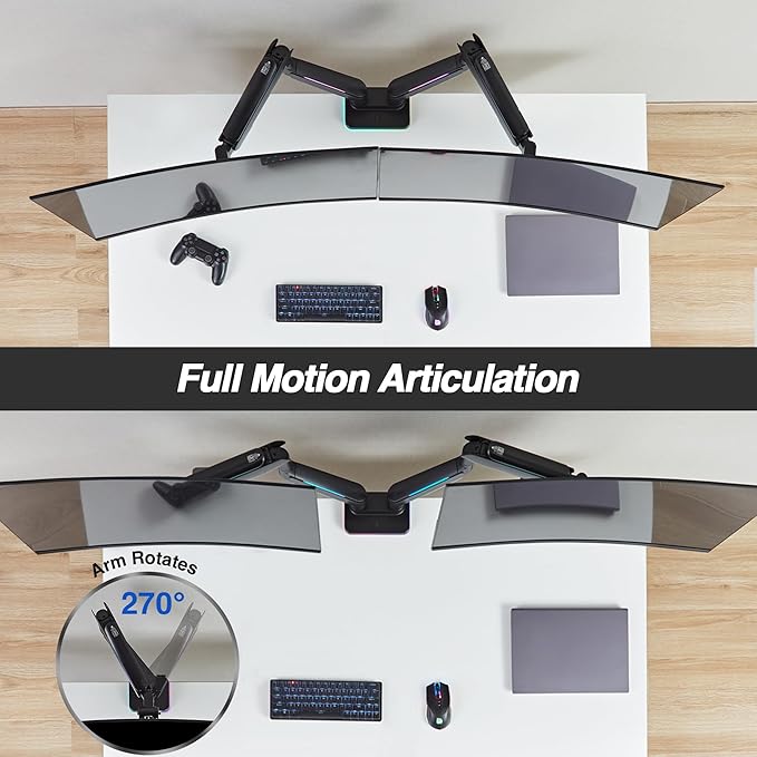 AVLT RGB Lights Dual 17”-43” Gaming Monitor Arm Desk Mount, Fits Two Flat/Curved/Ultrawide Screen up to 44lbs(20kg), Height Swivel Tilt Adjustable Stand - Black