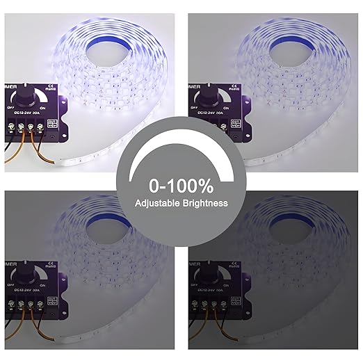 MAYWILLA LED Light Strip Dimmer Controller,DC 12V-24V 30A PWM Stepless Dimming Switch with Adjust Brightness ON/Off Knob and Aluminum Case for Single Channel 5050 3528 LED Light Strip