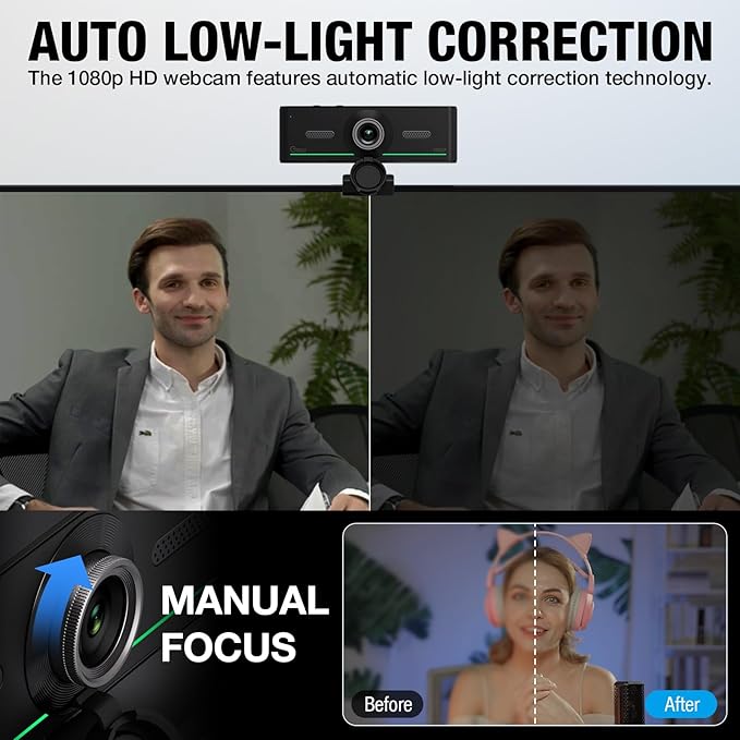 Webcam with Headset and Microphone, 1080P Webcam with Privacy Cover, Plug and Play Web Camera for Desktop Computer Zoom Meetings, Audio Bluetooth only for Headset