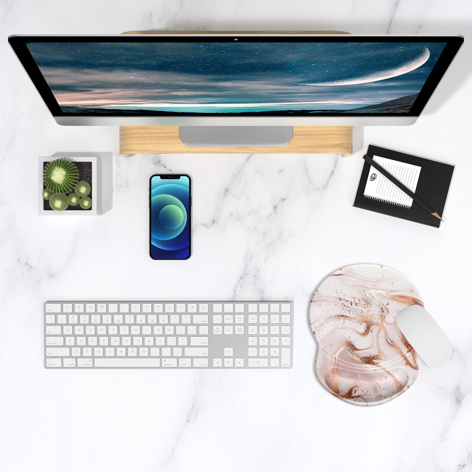 ITNRSIIET Ergonomic Mouse Pad with Gel Wrist Support Small Wrist Rest Smooth Surface Non-Slip PU Base Comfortable Office Supplies Pain Relief, 8.7 x 7.2 inches, Rose Gold Marbling