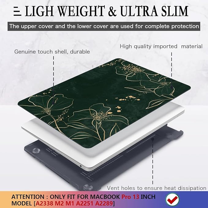 CISSOOK Case for MacBook Pro 13 Inch M2 M1 Chip A2338 A2251 A2289 Model 2025-2020, Hard Shell Case+ Keyboard Cover+ Screen Protector for MacBook Pro 13 with Touch Bar, Elegant Gold Lotus