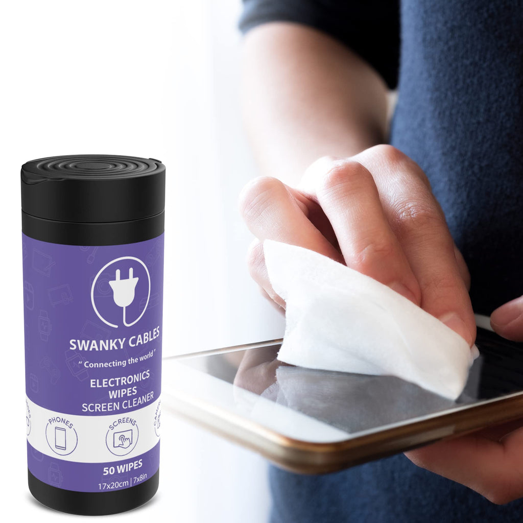 Swanky Cables Screen Cleaner Wipes: Electronic Wipes for Screens - Computer Screen Wipes for Lens, Phone, Tv Screen and Monitor Cleaning - Tech Wipes & Microfiber Cloth (Canister, 50 Count)