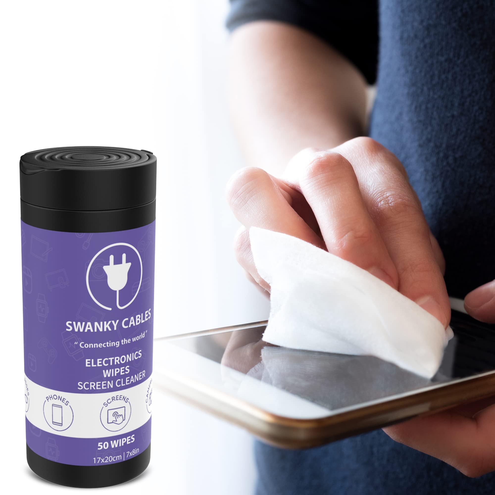 Swanky Cables Screen Cleaner Wipes: Electronic Wipes for Screens - Computer Screen Wipes for Lens, Phone, Tv Screen and Monitor Cleaning - Tech Wipes & Microfiber Cloth (Canister, 50 Count)