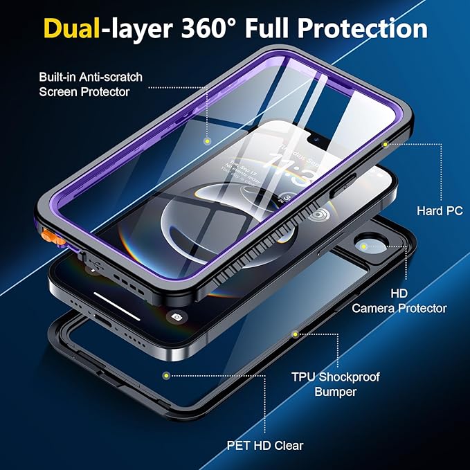 SPIDERCASE for iPhone 16e Case Waterproof,Built-in Screen & Camera Lens Protector[IP68 Underwater] [Military Grade Shockproof] Cell Phone Home Button Stickers, Purple/Clear