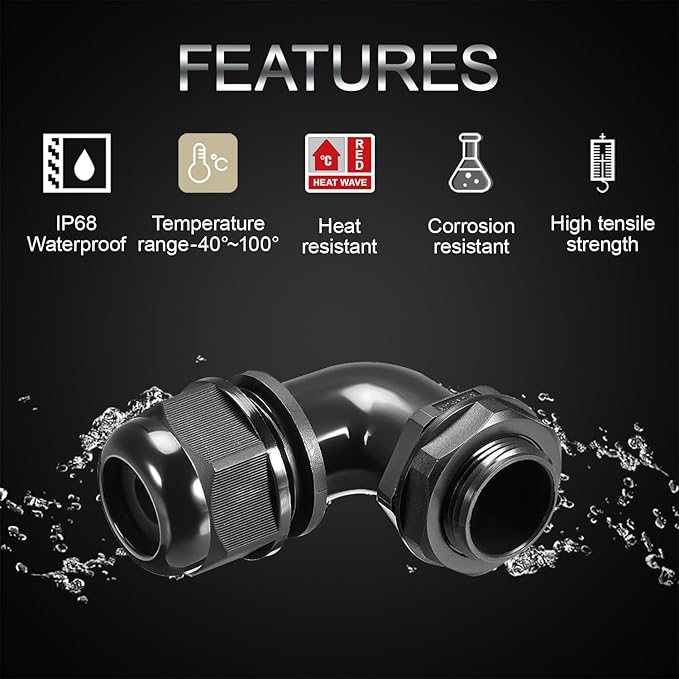 LeMotech M32 Cable Gland, 90 Degree Adjustable 18-25mm Strain Relief, Cord Connectors Nylon Joints with Gaskets, 2 Pcs, Black
