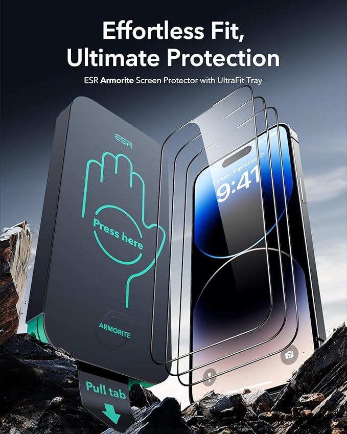 ESR 3 Pack 9H+ Glass for iPhone 14 Pro Max Screen Protector, [Military Grade Shatterproof & Longest Durable] Armorite Ultra-tough Full Coverage Tempered Glass with UltraFit Tray