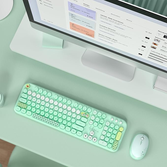 KNOWSQT Wireless Keyboard and Mouse Combo - Lovely Green Rainbow Full-Sized Typewriter Colorful Keyboards, Round Keycap USB Plug Play Retro Cute Keyboards for Windows, Laptop, PC, Desktop, Computer
