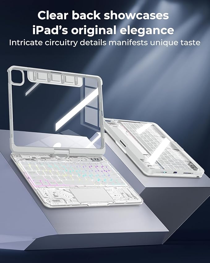 SIBEITU Keyboard Case for iPad Pro 13 Inch M5 2025 / M4 2024, Clear Wireless Keyboard iPad Pro 13inch Cover with Multi-Touch Trackpad, 7-Color Backlight & 3-Brightness, Visible PCB Tech Design, White