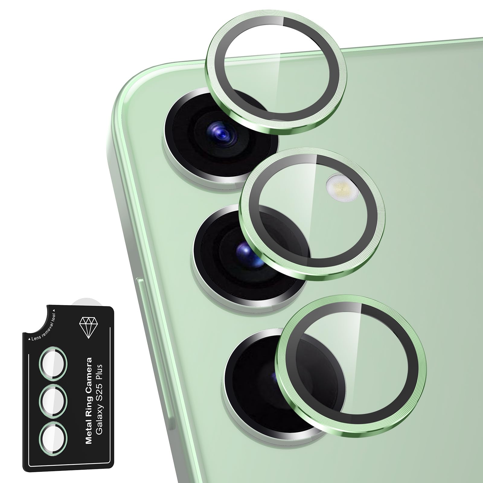 Avocase for Samsung Galaxy S25 Plus Camera Lens Protector, Individual Metal Ring Tempered Glass Lens Cover, [Strong Adsorption] Scratch Resistant Ultra-Thin HD Clear Lens Cover, 1 Set-Light Green