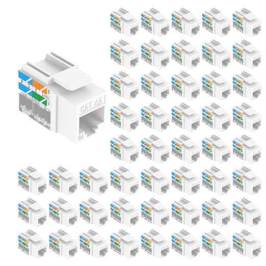 VCE Cat6A RJ45 Keystone Jacks UL Listed 50-Pack, 110-Type UTP Modular Ethernet Jacks Insert 10Gbps, Bundle with Keystone Punch Down Stand and Wire Stripper Cutter