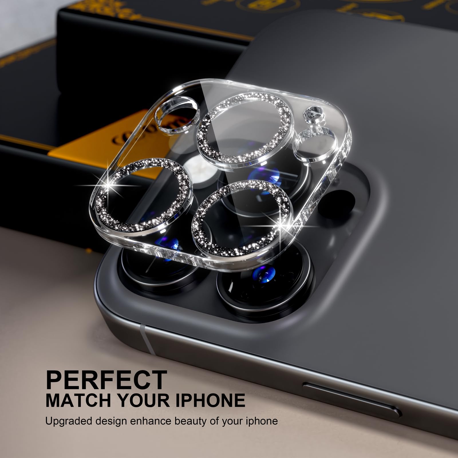 beuxece for 6 Pack iPhone 15 Pro/iPhone 15 Pro Max Camera Lens Protector [Drop Protection] [Case Friendly] [Easy Installation] 9H Tempered Glass Camera Screen Protector Cover, Glitter Black