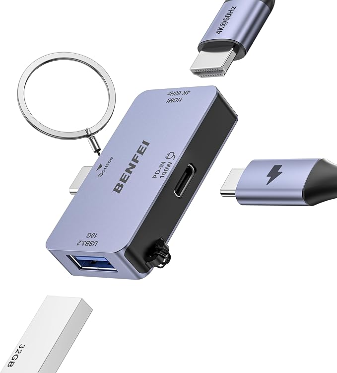 BENFEI USB C Hub 3-in-1, Super Compact, USB-C to HDMI 4K@60Hz, 10Gbps USB-A, 100W Power Delivery Compatible with iPad Pro, MacBook Pro/Air, iMac, iPhone 16/15 Pro/Pro Max, XPS, Thinkpad and More