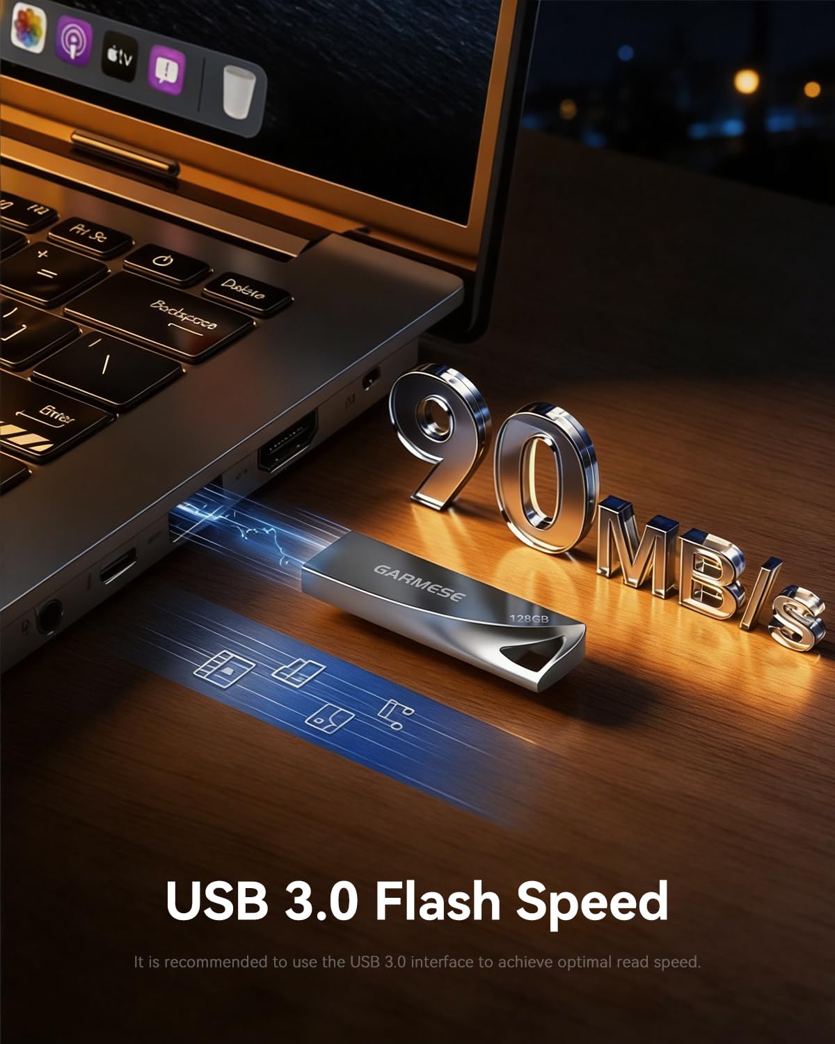 GARMESE Metal USB Flash Drive with Keychain Portable Memory Stick 128GB 1 Pack