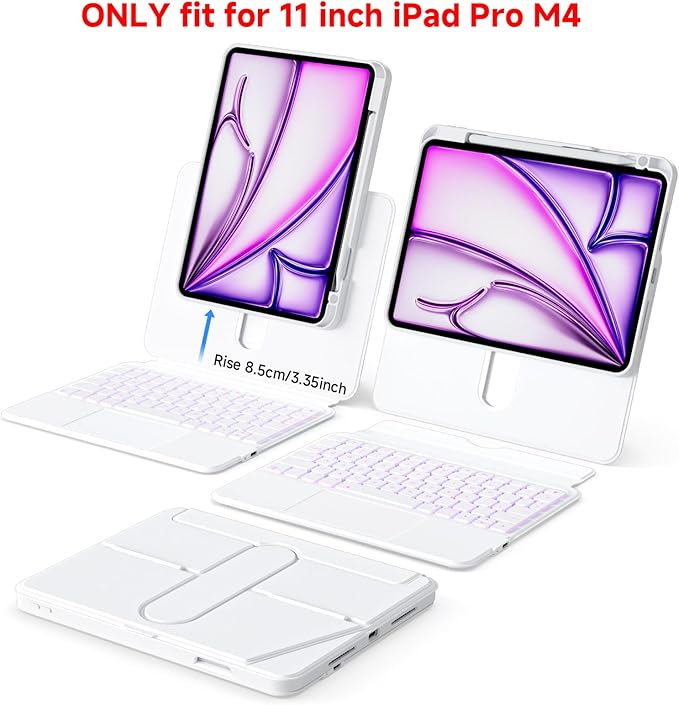 ONLY fit for 2024 M4 iPad Pro 11 inch Case with Keyboard Detachable Magic Keyboard Trackpad, 360 Rotating Cover with Pencil Holder Multi Angle Stand, 12 Shortcut Key, 7 Color Backlit, White