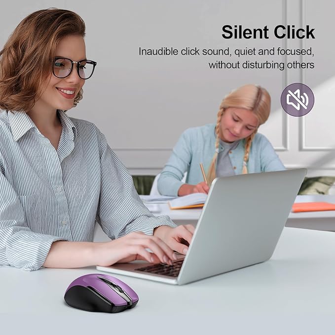 TECKNET Rechargeable Wireless Mouse,USB-A Silent Mouse, Quiet Click, 6 Adjustable 4800 DPI, Cordless Computer Mouse, Ergonomic Mouse for Laptop, 6 Buttons 2.4G Mouse for Chromebook, Ergo Grip - Purple