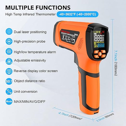 -40℉~3632℉, MESTEK Infrared Thermometer Temperature Gun, High Temp Thermometer with Thermocouple Probe, Non-Contact 50:1 Pyrometer Dual Laser Thermometer Gun for Engine, Kiln, Forging, Industrial