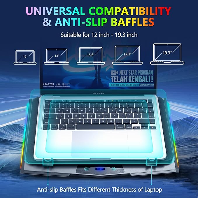 LIANGSTAR Gaming Laptop Cooling Pad, RGB Laptop Cooler with 3 Powerful Turbofans, 5 Height Adjustable Laptop Cooling Stand, 5 Fan Speed Touch Control, Seal Memory Foam for Cooling 12-19.3 inch Laptop