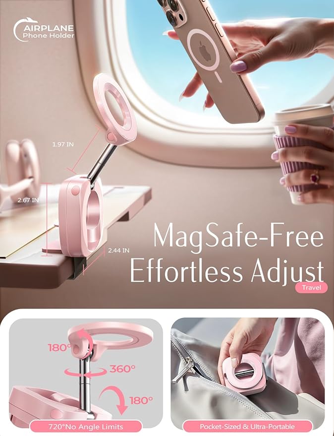 LISEN Airplane Phone Holder Travel Essentials for Women Long Flight Essentials Must Haves Handsfree for MagSafe Phone Stand Beach Vacation Cruise Essentials 2025 for iPhone 16 Pink