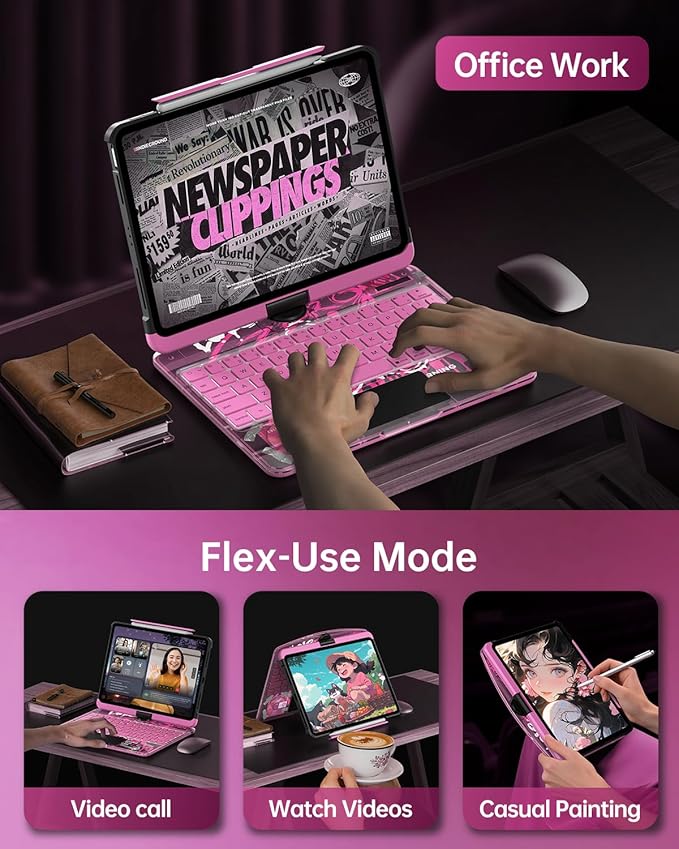 Intermerge Clear Keyboard Case for iPad Air 13" (M3/M2, 2025/2024) & Pro 12.9" (2022-2018) - 360° Rotatable Trackpad, RGB Backlit Keyboard, Pencil Holder, Power Indicator, Type-C, Blush Pulse