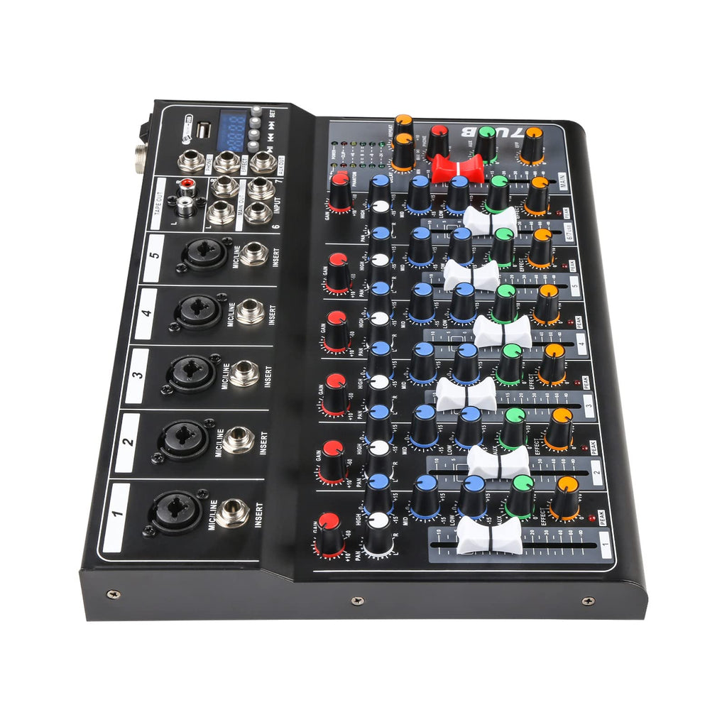 Dj Mixers 7 Channel Audio Mixer Sound Board with Bluetooth, Usb Audio Interface with 48V Phantom Power Sounds Mixer Board with FX Reverb Delay Effect for Streaming
