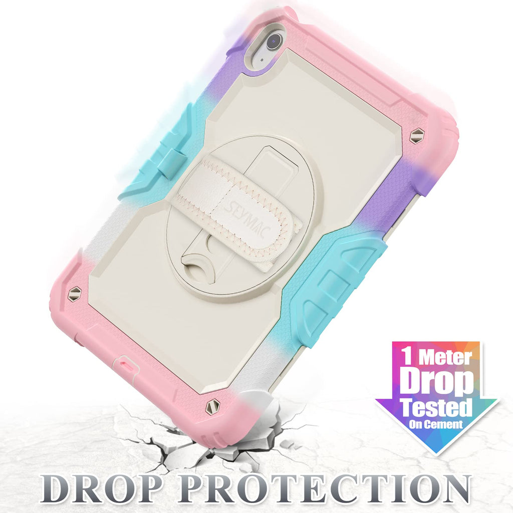 SEYMAC stock Case for iPad (A16) 11th/10th Generation 11''/10.9'' 2025/2022, Full-Body Drop Protection Case with Screen Protector &360° Rotate Hand Strap/Stand, Yellowish+Pink