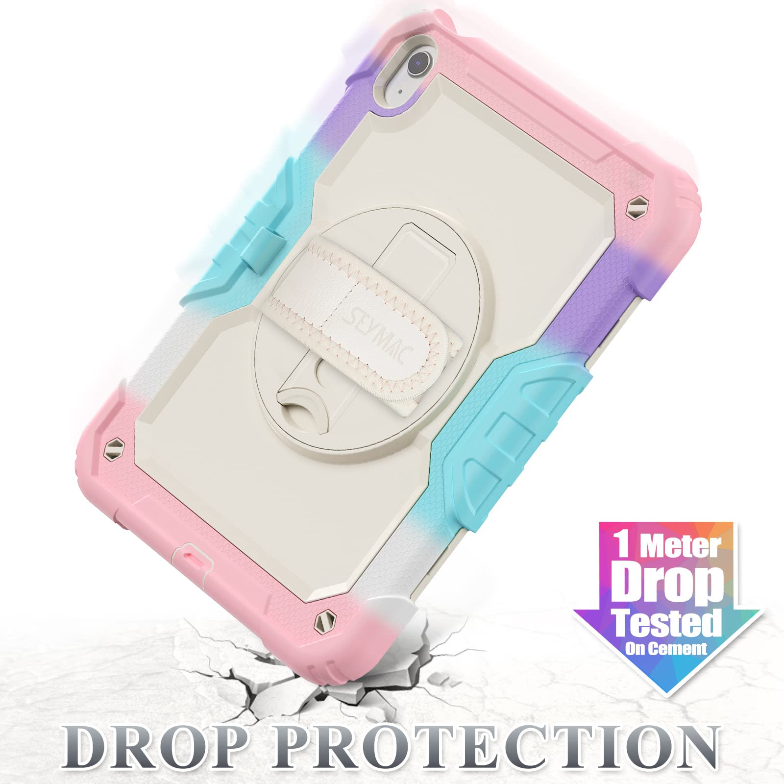 SEYMAC stock Case for iPad (A16) 11th/10th Generation 11''/10.9'' 2025/2022, Full-Body Drop Protection Case with Screen Protector &360° Rotate Hand Strap/Stand, Yellowish+Pink