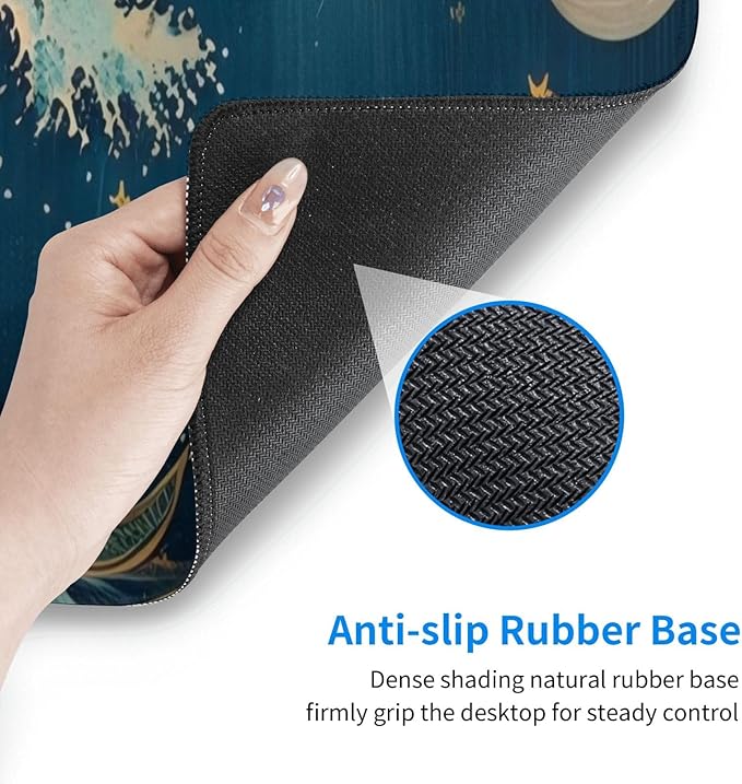 Gaming Mouse Pad, Large Non-Slip Rubber Base Mousepad, Keyboard Mouse Mat, Desk Pad with Stitched Edges, 31.5x11.8inch, Wave Moon