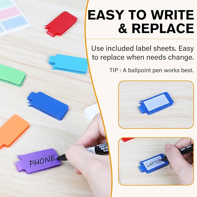 36Pcs Large Cable Labels - 8 Colors Reusable Write-On Wire Labels Tags, Cord Identification Labels for Electronics, with 40Pcs Label Stickers, Cable Management for Home, Office, Rectangle