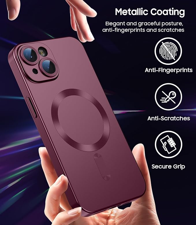 Magnetic for iPhone 13 Case [Compatible with MagSafe][Built-in Camera Lens Protector] Slim Soft Silicone Bumper Shockproof Metallic Luster Phone Case (Burgundy)