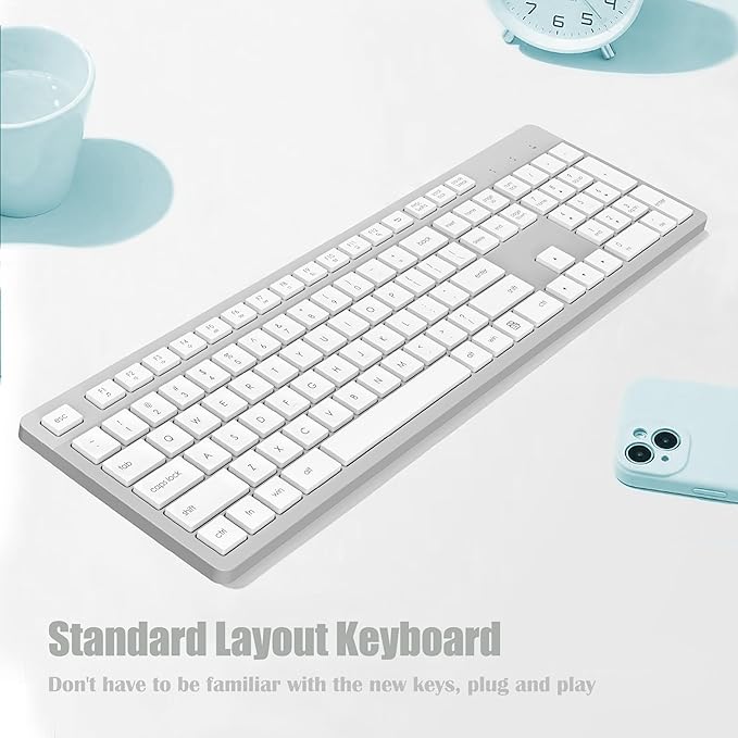 LeadsaiL Wireless Keyboard, 2.4GHz Full-Sized Ergonomic Computer Keyboard, Cordless Noiseless Keyboard,12 FN Shortcuts for Windows MacOS Laptop Computer - White and Grey