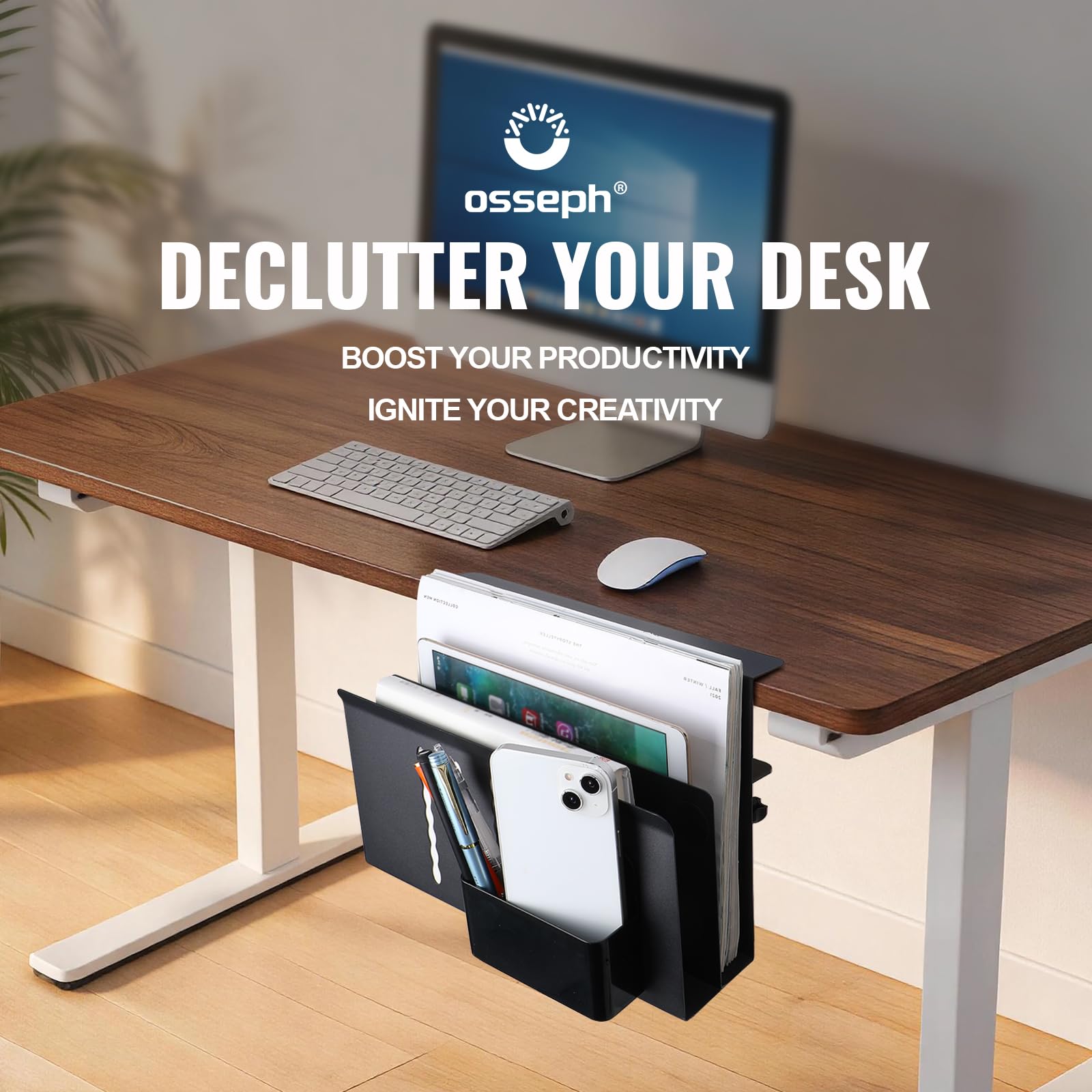 osseph 2 Tie Desk Side Storage, Under Desk Storage Organizer, Black