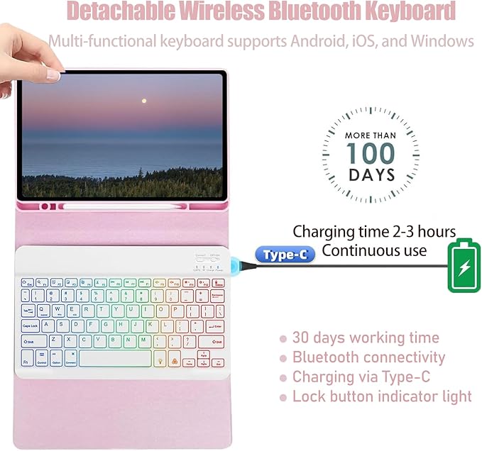 Keyboard Case for Samsung Galaxy Tab S10 FE / S9 FE 10.9 inch/Tab S9 / S8 / S7 11 inch - with 3 Color Backlit Mouse Detachable Keyboard Case