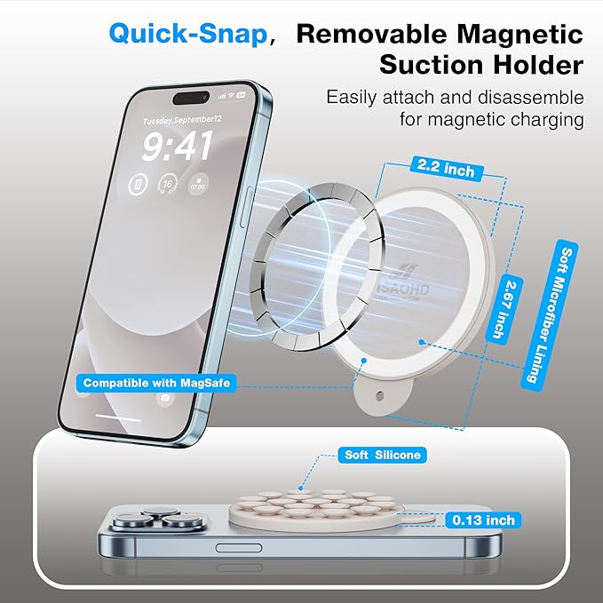 Magnetic Suction Cup Phone Mount for MagSafe Case, Silicone Hands-Free Grip Holder for iPhone and Android, Mirror Shower Phone Stand for Makeup FaceTime Gym Kitchen Bathroom, Stone