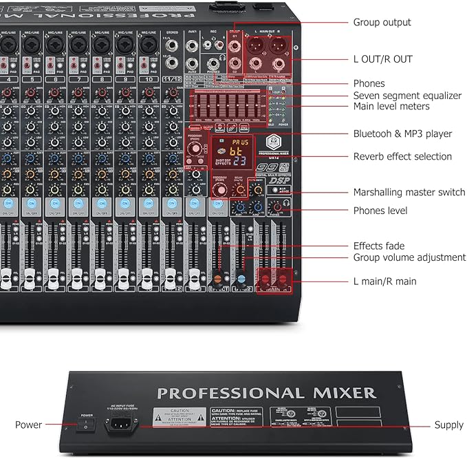 W IN-MIX DX12 Professional DJ Audio Mixer 12 Channel with 99 DSP Effects,7-band EQ,Independent 48V Phantom Power&Mute Button,Bluetooth Function,USB Interface Recording For Studio & Stage